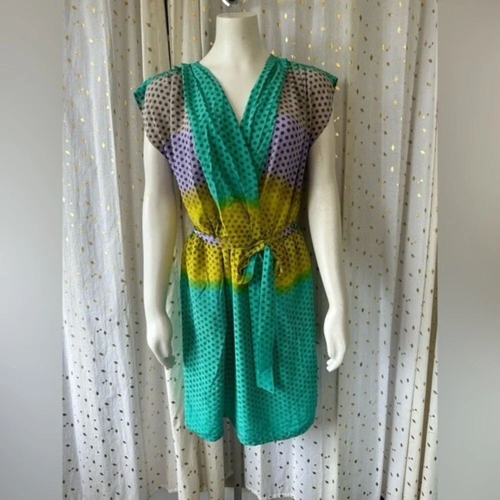 Presley Skye Polka Dot Ombre Silk Surplice V Neck Dress Tie Belt With Pockets L